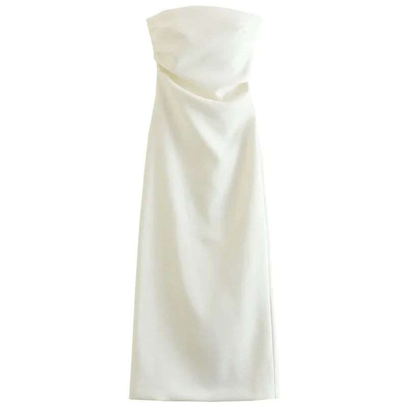 Robe midi élégante sans bretelles à volants, dos nu – Idéale pour soirées et cérémonies