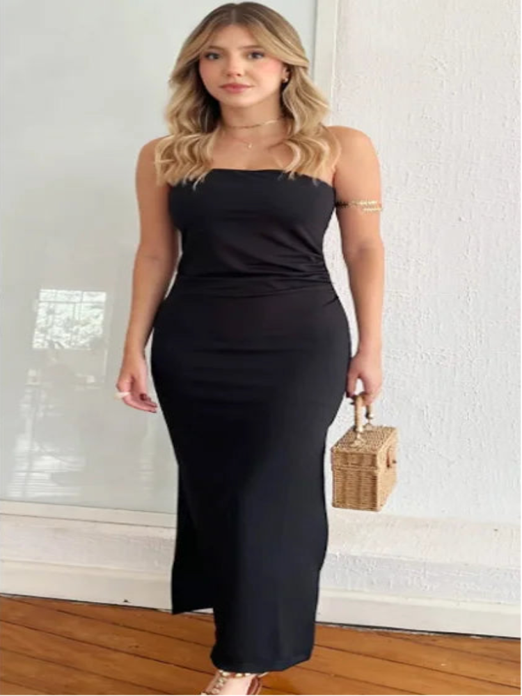Robe midi élégante sans bretelles à volants, dos nu – Idéale pour soirées et cérémonies