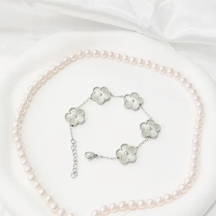 Bracelet et Collier Fleur Métal – Fleur de Prunier à Cinq Pétales avec Trèfle Double Face