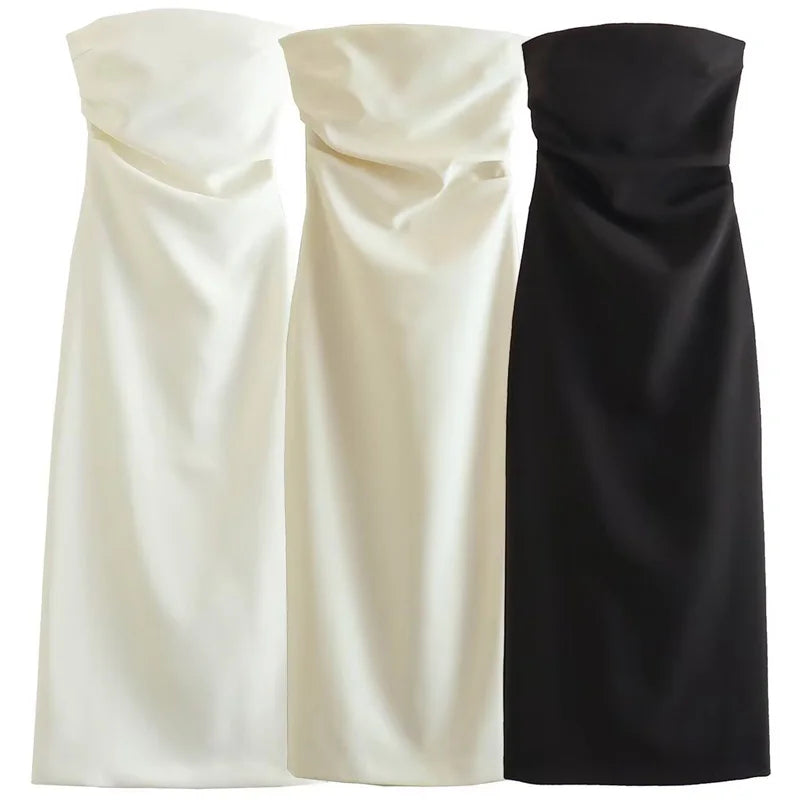 Robe midi élégante sans bretelles à volants, dos nu – Idéale pour soirées et cérémonies