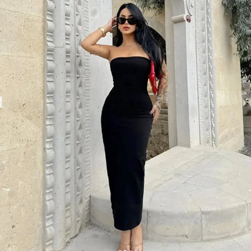 Robe midi élégante sans bretelles à volants, dos nu – Idéale pour soirées et cérémonies