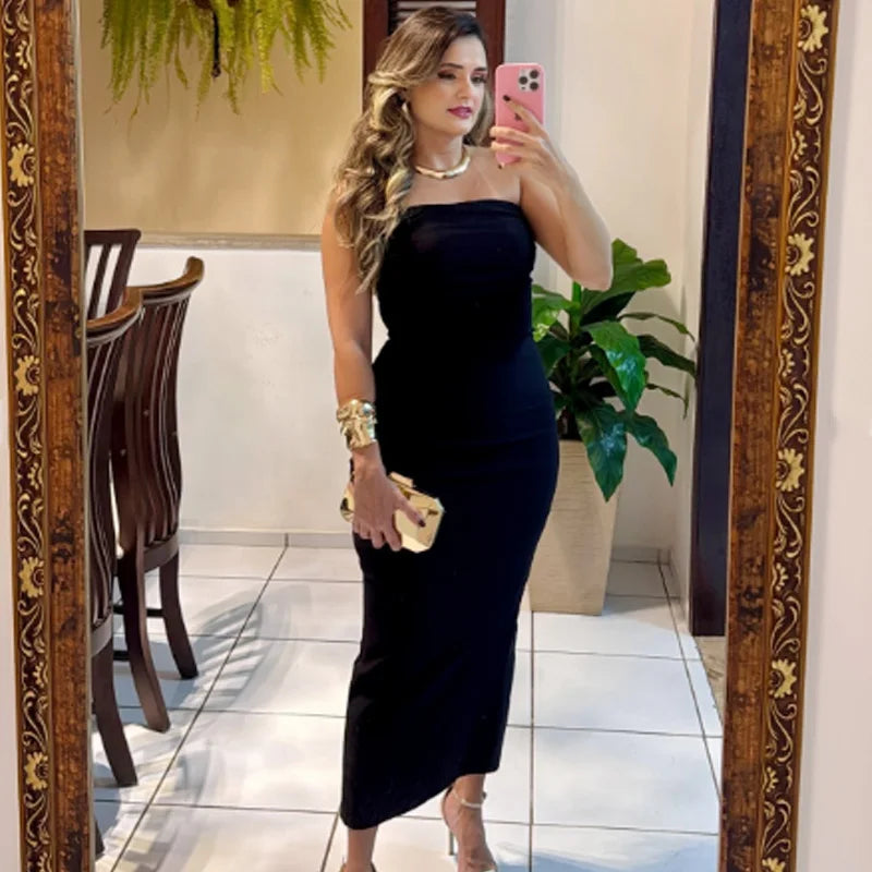 Robe midi élégante sans bretelles à volants, dos nu – Idéale pour soirées et cérémonies