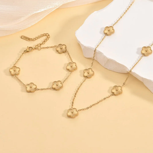 Bracelet et Collier Fleur Métal – Fleur de Prunier à Cinq Pétales avec Trèfle Double Face