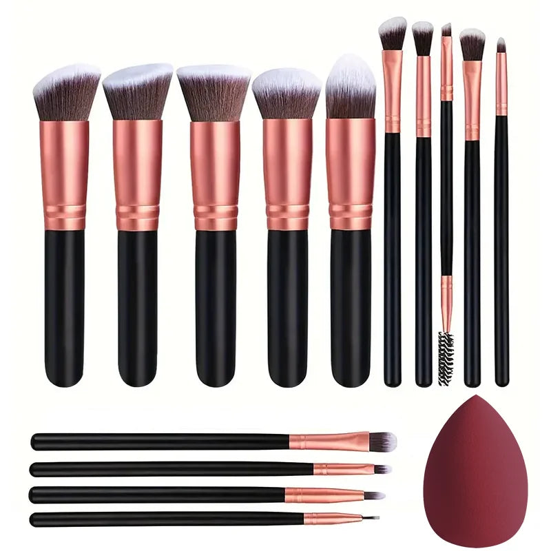 Set de Pinceaux de Maquillage 14 Pièces – Doux et Aérés, Idéal pour Fond de Teint, Blush, Poudres, Ombres à Paupières et Mélange – Outil Beauté