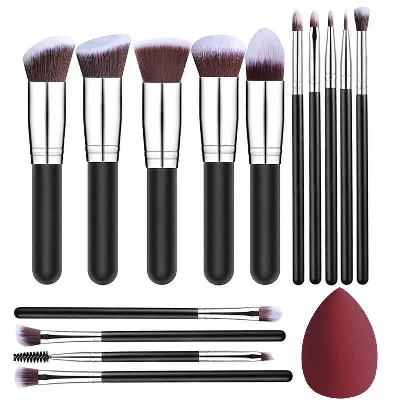 Set de Pinceaux de Maquillage 14 Pièces – Doux et Aérés, Idéal pour Fond de Teint, Blush, Poudres, Ombres à Paupières et Mélange – Outil Beauté