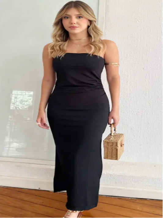 Robe midi élégante sans bretelles à volants, dos nu – Idéale pour soirées et cérémonies