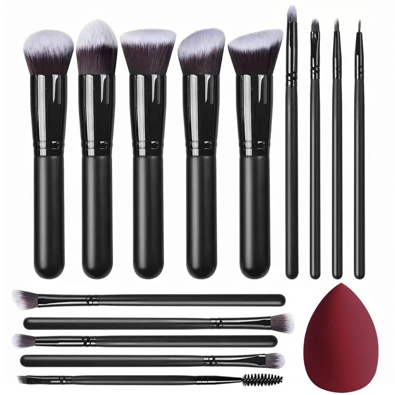 Set de Pinceaux de Maquillage 14 Pièces – Doux et Aérés, Idéal pour Fond de Teint, Blush, Poudres, Ombres à Paupières et Mélange – Outil Beauté